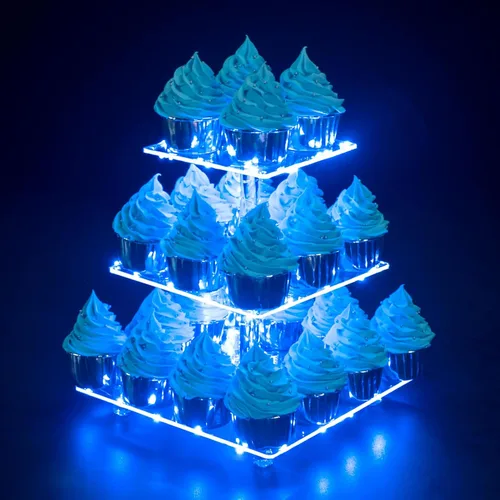 Vista 16 de Soporte para Cupcakes, Soporte Redondo para Cupcakes de 4 Niveles con Tira de Luces LED, Torre de Exhibición de Cupcakes de Acrílico para Bodas, Azul