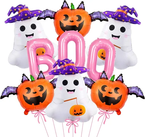 Vista 10 de Decoraciones de globos de Halloween, letras de abucheo negro, fantasma, murciélago, globo de lámina de araña para decoraciones de fiesta de Halloween