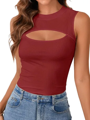 Vista 7 de Vrtige Camiseta sin mangas sexy con cuello redondo para mujer, de punto acanalado, sin mangas, ajustada