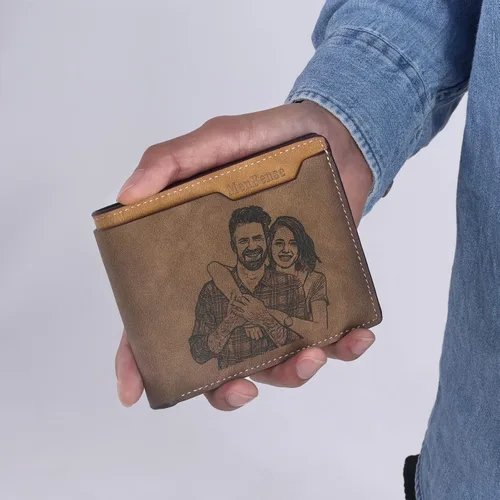 Vista 11 de Carteras personalizadas para hombres, cartera personalizada para hombre con imagen grabada y nombre, billetera delgada de cuero plegable, regalos