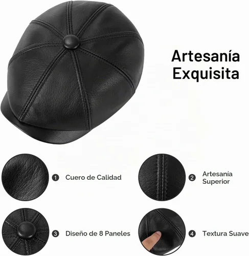 Vista 4 de VOBOOM Hombres Mujeres Genuino Newsboy Gorra de cuero 8 Panel Gatsby Ivy Hat Negro