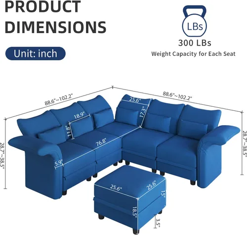 Vista 2 de LLappuil Sofá modular de terciopelo en forma de L, sofá esquinero con diván de almacenamiento, sofá de gran tamaño de 6 plazas de 102.2 pulgadas