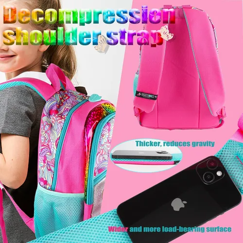 Vista 4 de Mochila con lentejuelas y alas de mariposa con bolsa de almuerzo para niñas, niños y adolescentes, juego de mochila escolar para preescolar, Rosado