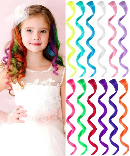 Vista 8 de 10 extensiones de cabello sintético rizado y ondulado negro con clip, reflejos de fiesta de neón arcoíris, accesorios de cabello coloridos