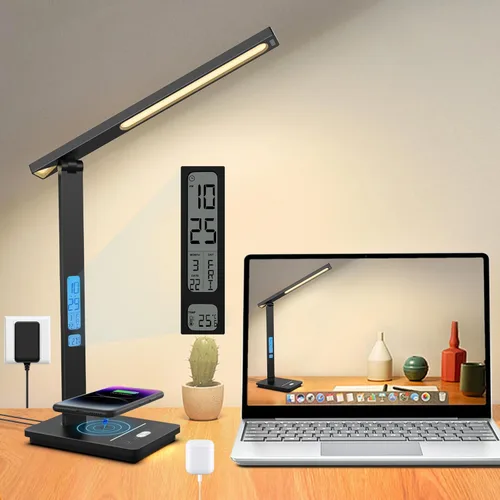 Vista 10 de Lámpara de escritorio LED para oficina en casa, puerto de carga USB, luz de escritorio de lectura con 5 temperaturas de color, atenuación continua