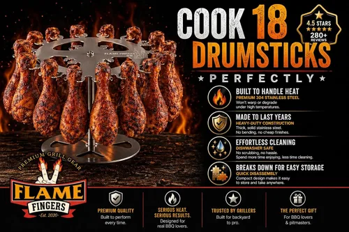Vista 9 de Estante de parrilla para pollo XL de Flame Fingers - Sostiene 18 patas, alas, muslos, piruletas o baquetas de pavo. Diseño giratorio de acero