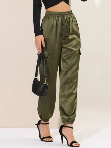 Vista 2 de Allegra K Pantalones deportivos de satén de otoño para mujer, con cordón elástico, cintura alta, satén sedoso y brillante