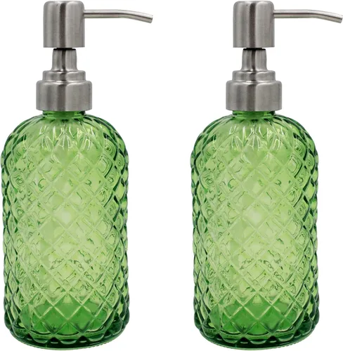 Vista 15 de Dispensador de jabón de vidrio con patrón de diamante de 16 onzas, dispensador de jabón recargable para cocina y baño, con bomba de acero inoxidable
