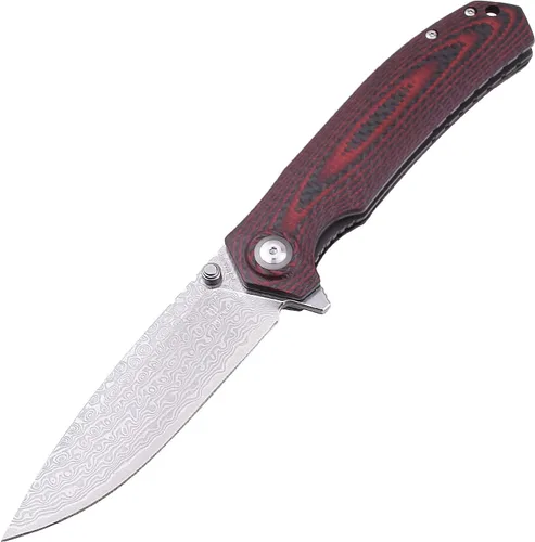 Vista 2 de SHIELDON Charkos - Cuchillo plegable VG10 Core 67 capas de acero de Damasco de 4 pulgadas, hoja de punto de caída, Scarlet G10, mango de fibra