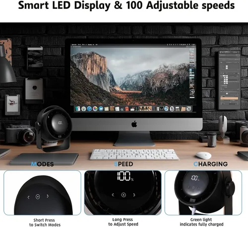 Vista 2 de VAVOFO Ventilador de Escritorio, Pequeño Ventilador de Mesa LED Portátil Silencioso, Inclinación de 180°, 100 Velocidades, 5 Modos, Ventilador