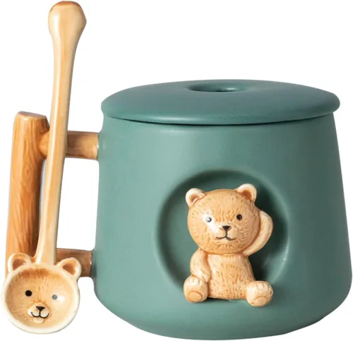 Vista 11 de DIHOclub Taza de café de cerámica con tapa y cuchara a juego, taza novedosa 3D con patrón de Husky para té, leche, chocolate, jugo, taza linda
