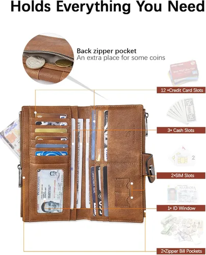 Vista 2 de BOSTANTEN Carteras de cuero para mujer con bloqueo RFID de gran capacidad, tarjetero triple para mujer