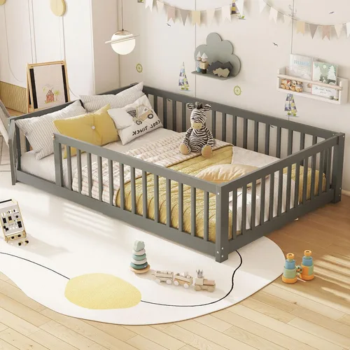 Vista 4 de Cama Montessori de tamaño matrimonial con tablillas, puerta y valla, cama Gris