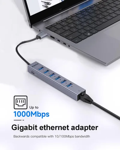 Vista 6 de FORIDA Aluminum USB to Ethernet Adapter with 7-Port USB Hub, RJ45 Adapter Gray