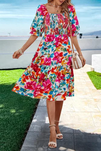 Vista 4 de PRETTYGARDEN - Vestidos informales de verano y primavera para mujer, manga abombada, cuello cuadrado, acampanados, bohemios, florales, fruncidos