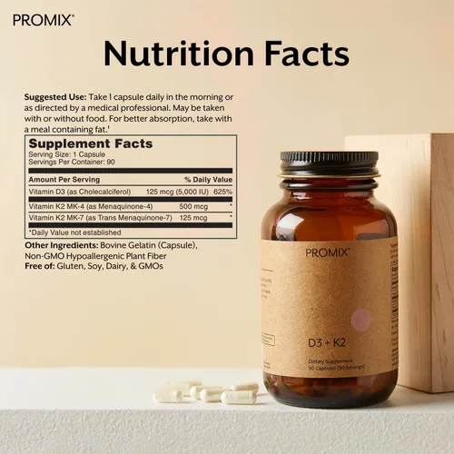 Vista 2 de Promix Nutrition Suplemento de vitamina D3 K2 5000iu MK4 y MK7 Sin soja y gluten - cápsula de 90