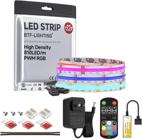 Vista 20 de BTF-LIGHTING FCOB COB - Tira de luz LED RGB con certificación UL, 810 LEDs/m de alta densidad flexible que cambia de color, DC12V 9.8 pies y 0.394