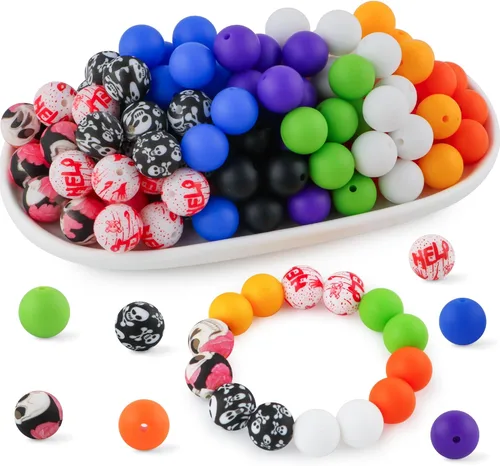 Vista 11 de 70 cuentas de silicona impresas para hacer llaveros, cuentas redondas de silicona de 0.59 pulgadas para hacer bolígrafos, collares y pulseras