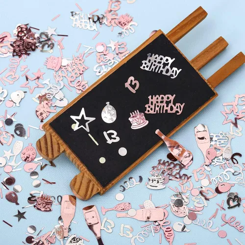 Vista 2 de Confeti de cumpleaños número 13, confeti de oro rosa número 13, confeti de papel de aluminio metálico, estrella para pastel de cumpleaños, confeti