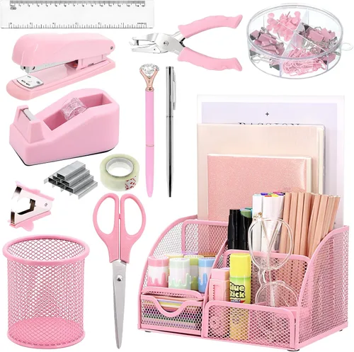 Vista 12 de SYMDROMIA Juego de organizador de escritorio de oficina 13 en 1 con engrapadora y dispensador de cinta, soporte para bolígrafos, tijeras, regla