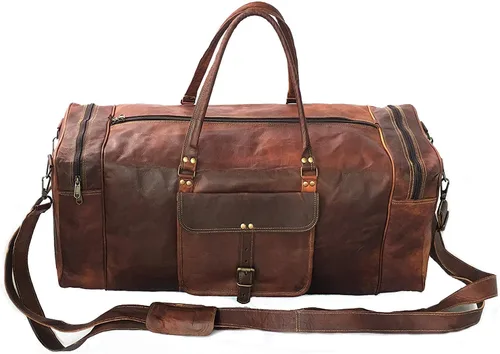 Vista 3 de KK's - Bolsa de viaje de cuero vintage, hecha a mano, elegante y duradera, ideal para gimnasio, viajes, bolsa de viaje de cuero genuino, remaches