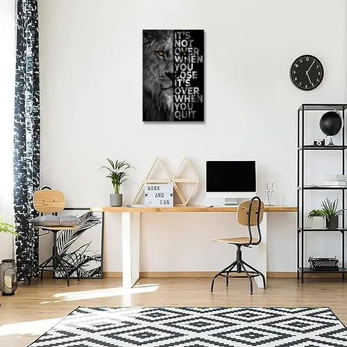 Vista 6 de Lienzo impreso de cabeza de león, arte de pared inspirador, póster de animales en blanco y negro, imagen motivacional con cita motivacional