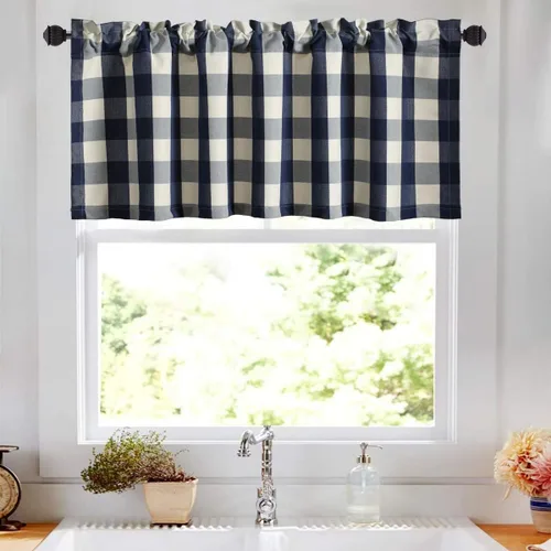 Vista 45 de VOGOL Cenefa de cuadros marrón con textura de lino para dormitorio, sala de estar, diseño de bolsillo para barra, fácil de colgar, 52 x 12 pulgadas