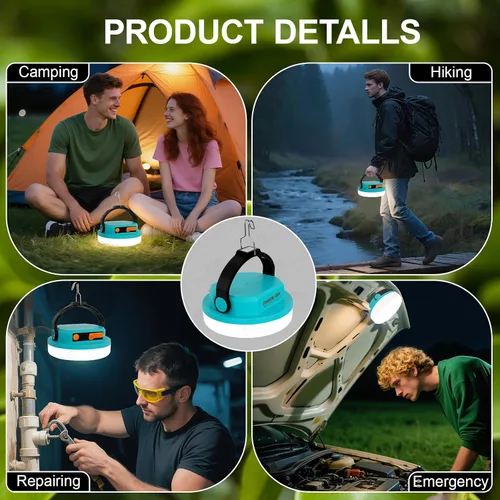 Vista 7 de Luz de campamento recargable, linterna LED para cortes de energía, luz de emergencia impermeable para tienda de campaña con gancho magnético, banco