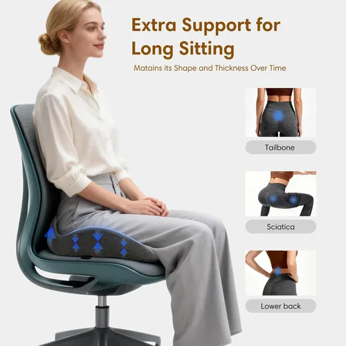 Vista 5 de Cojín de asiento de espuma viscoelástica para silla de oficina, automóvil y silla de ruedas, cojín de coxis suave y cómodo para aliviar el dolor