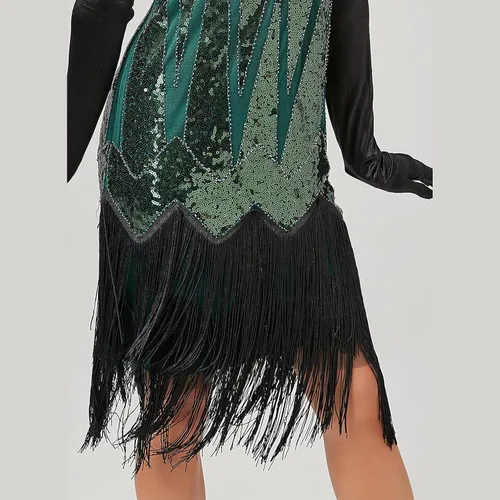Vista 6 de Vestido vintage de los años 20 con lentejuelas brillantes, flecos, borlas de Gatsby, vestidos de boda, fiesta, cóctel, noche