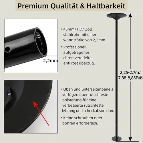 Vista 2 de Juego de Tubo de Baile - Altura Ajustable Premium 7.38-8.85 pies Portátil 45 mm de Diámetro 360° Tubo de Baile Giratorio para el Hogar, Capacidad