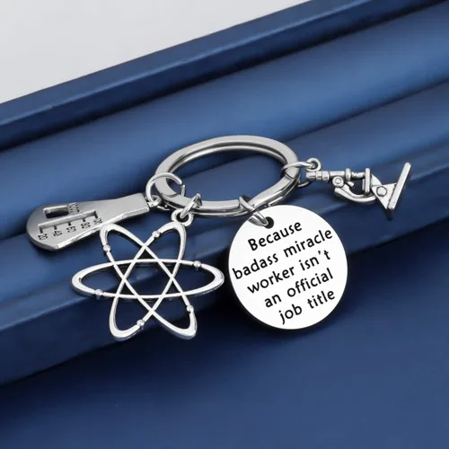 Vista 4 de Llavero de química biológica, microscopio átomo, química, joyería científica y regalo