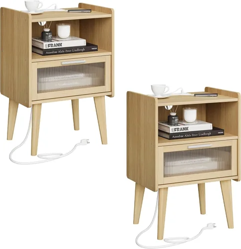 Vista 12 de MMEOLUOOK Mesita de noche con estación de carga, mesitas de noche, mesa auxiliar con espacio de almacenamiento de 2 niveles, para dormitorio, sala
