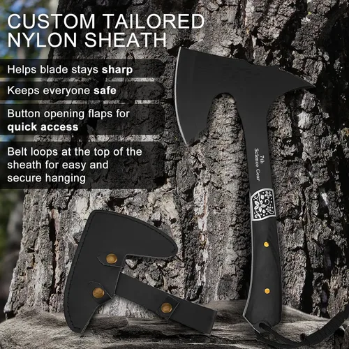Vista 6 de Hacha de camping con vaina de cuero – Tomahawk de supervivencia compacta de 13" con tang completo y mango de madera para senderismo, supervivencia