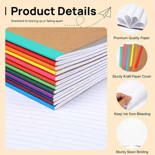 Vista 3 de miikoul Cuadernos de composición de 36 piezas a granel, cuadernos rayados A5 de papel kraft con rayas universitarias con espinas de arcoíris, 60