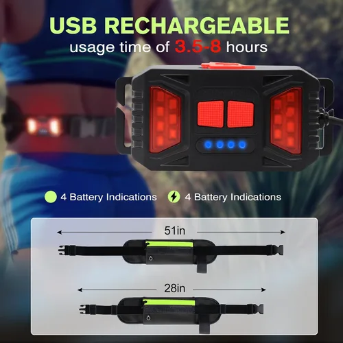 Vista 4 de Luz para correr, cinturón de correr de 1000 lúmenes, equipo de correr con luz de noche recargable de 230° para teléfono, bolsa de cintura, luz