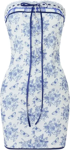 Vista 5 de NUFIWI Vestido corto sin tirantes para mujer, Y2k, con hombros descubiertos, estampado floral, vestido de tubo ajustado, sin espalda, vestido