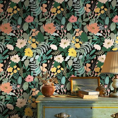 Vista 2 de HueBurst Papel tapiz floral verde oscuro de 17.3 x 118 pulgadas, papel de contacto floral bohemio para baño, sala de estar, dormitorio, papel tapiz