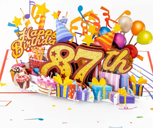 Vista 14 de iGifts And Cards Tarjeta desplegable 3D de feliz cumpleaños 87 – Diseño azul con números de purpurina, globos, pasteles y regalos – Tarjeta