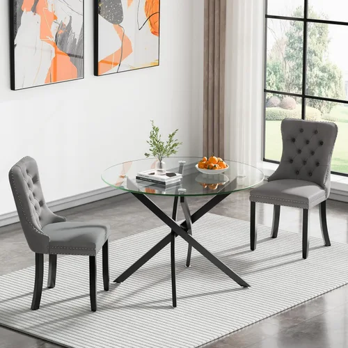 Vista 117 de Juego de mesa de comedor SSLine moderno de 3 piezas con mesa redonda de vidrio para 2, lujosa mesa de comedor circular de 36" con tapa de vidrio