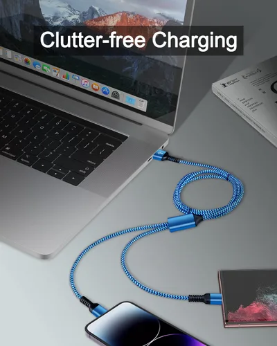 Vista 5 de Cable de carga múltiple 2 en 1, de 4 pies de largo, cable de carga múltiple USB a Lightning y puerto tipo C Apple y Android, cable de carga trenzado