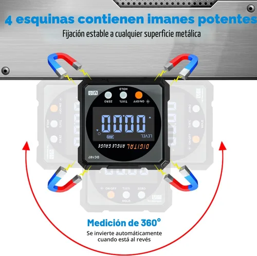 Vista 4 de Buscador de ángulo digital con láser electrónico – Calibre de ángulo magnético fuerte de 4 lados, inclinómetro de cubo con luz de fondo Gris