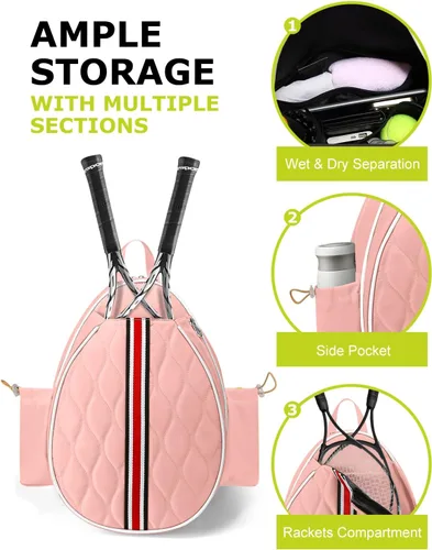 Vista 5 de Bolsas de tenis con capacidad para 2 raquetas para mujeres y hombres, mochila de tenis cruzada y bolsa de hombro para raqueta, bolsillo aislado