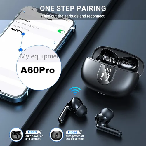 Vista 5 de Auriculares inalámbricos, auriculares inalámbricos 2024 HiFi estéreo con 4 micrófonos ENC con cancelación de ruido, 42 horas de reproducción Negro