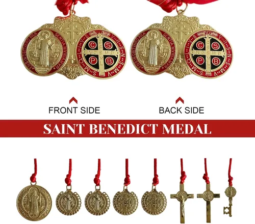 Vista 2 de Escapularios Catolicos, 2 dijes de protección de la bendición de la medalla de San Benito de oro, crucifijo de San Benito, medalla católica de San