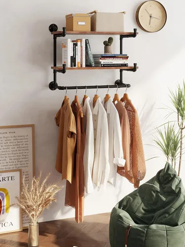 Vista 12 de Perchero para ropa de 72 pulgadas, para montar en la pared, con estante de madera real, perchero colgante resistente, barra para colgar multiusos