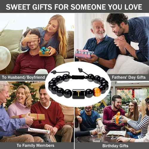 Vista 101 de SUMMER LOVE Regalos para el Día del Padre, pulsera con inicial de piedra de ónix negro de 0.394 pulgadas para hombres, pulsera de cuerda trenzada