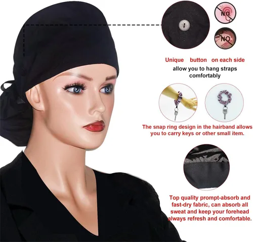 Vista 2 de Gorra médica con interior sedoso, gorro de algodón con banda para el sudor y botones, cola de caballo ajustable