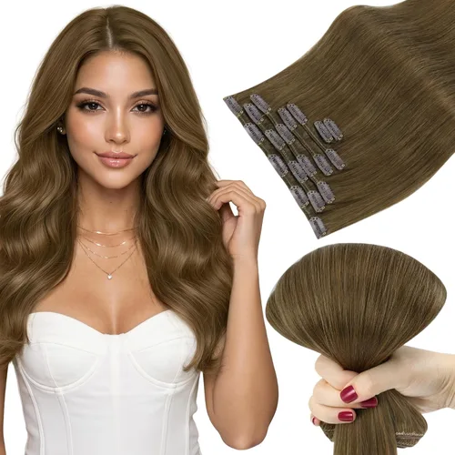 Vista 38 de Ve Sunny Extensiones de cabello clip-in de cabello humano real con reflejos, extensiones de cabello con clip para cabello corto, marrón oscuro