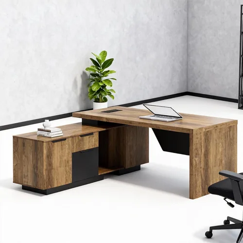 Vista 9 de SAINTCY Escritorio ejecutivo en forma de L, escritorio de oficina retráctil con cajones, grandes escritorios de madera para jefes, propietarios